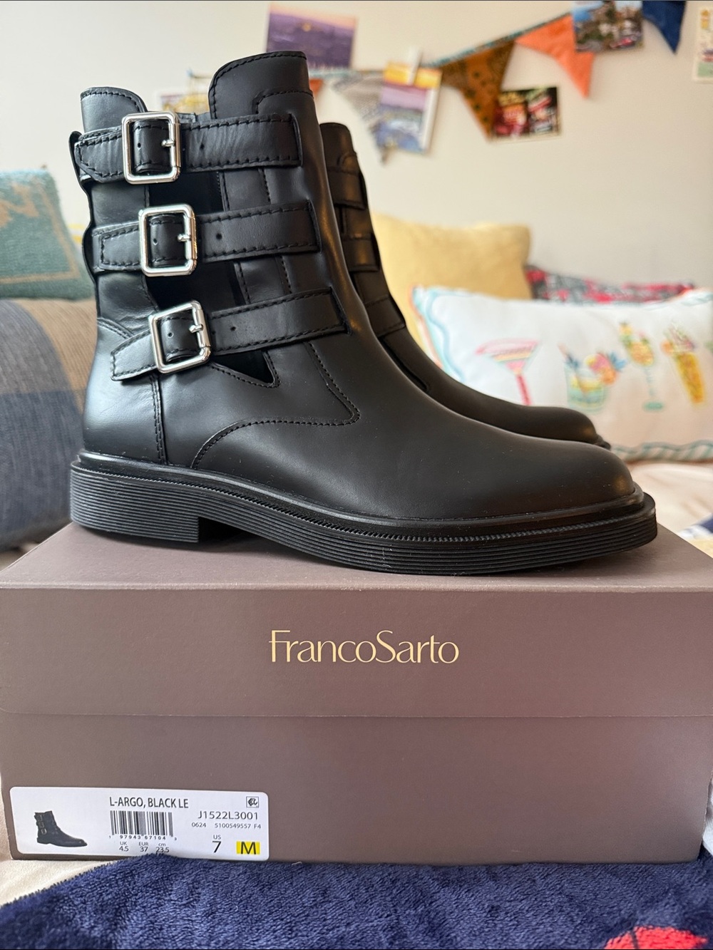 Franco Sarto Black Triple-Buckle Combat Ankle Boots